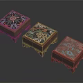 Three Square Wooden Stools With Colorful Floral Patterns And Traditional Design