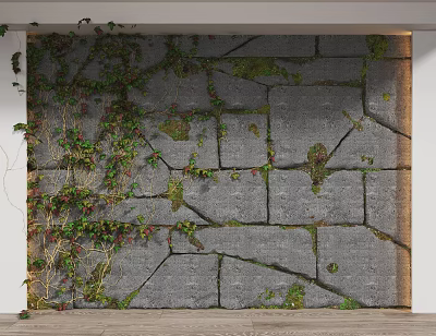 Living Green Plant Wall with Stone Bricks Vines Moss and Natural Texture 3d model