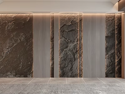Contemporary Feature Wall Design With Stone Texture Wooden Panels And Soft Lighting 3d model