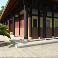 Traditional Chinese Ancient Architecture With Golden Roof Red Columns And Courtyard View