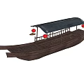 Traditional Wooden Boat With Covered Roof And Red Lanterns On Deck