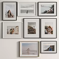 Photo Wall with Multiple Frames Various Landscape and People Photos on White Wall Creative Arrangement