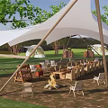 Scenic Camping Site With Tents Campfire Wooden Tables Chairs Trees And Playground
