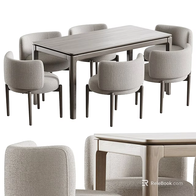 Modern Dining Table Set With Light Gray Fabric Chairs And Wooden Top 3d model 