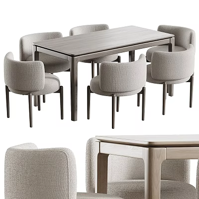 Modern Dining Table Set With Light Gray Fabric Chairs And Wooden Top 3d model