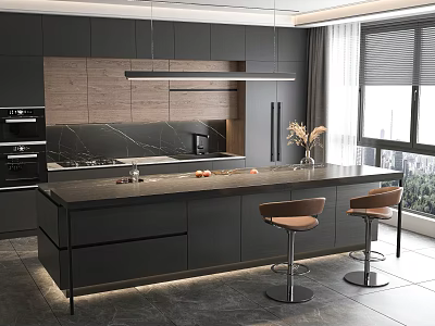 Modern Kitchen Interior With Dark Cabinets Island Counter Pendant Lights And Brown Bar Stools 3d model