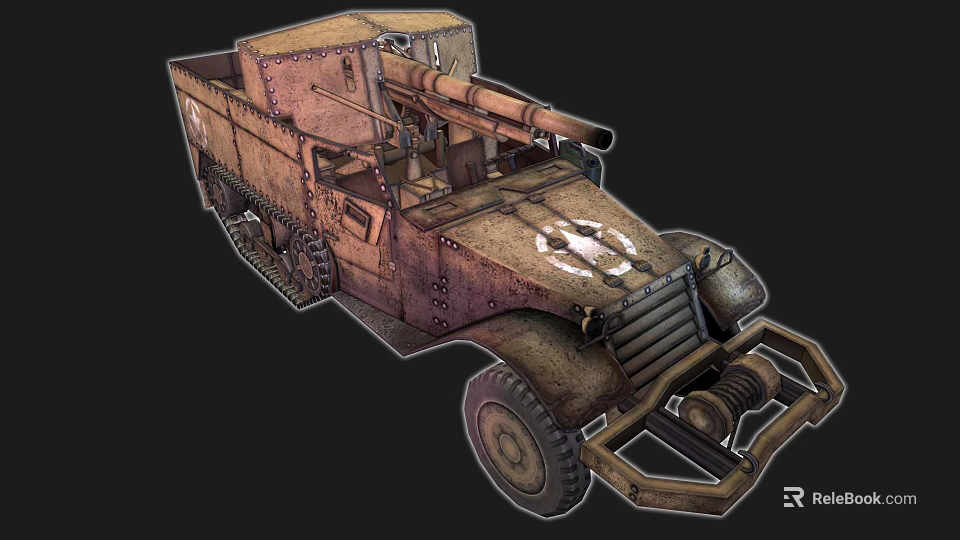 Vintage Armored Utility Vehicle with Tracked Wheels Cannon and Rustic Military Design 3d model 
