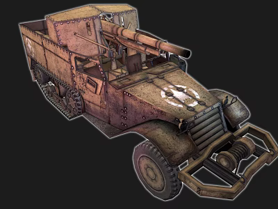 Vintage Armored Utility Vehicle with Tracked Wheels Cannon and Rustic Military Design 3d model