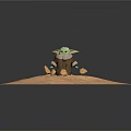 Grogu Green Alien Child In Brown Fur Collar Coat With Floating Stones On Sandy Ground