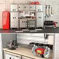 Efficient Garage Workshop Setup With Functional Workbench Tools Gray Cabinets And Red Refrigerator 3d model