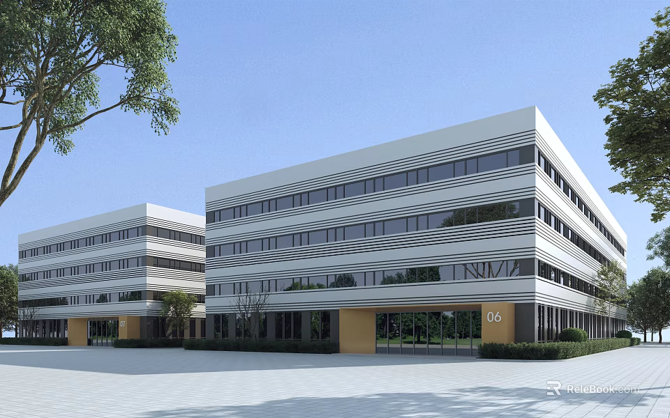 Modern Multi storey Industrial Factory Exterior With Large Glass Windows And Surrounding Trees 3d model 