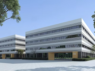 Modern Multi storey Industrial Factory Exterior With Large Glass Windows And Surrounding Trees 3d model
