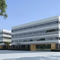 Modern Multi storey Industrial Factory Exterior With Large Glass Windows And Surrounding Trees