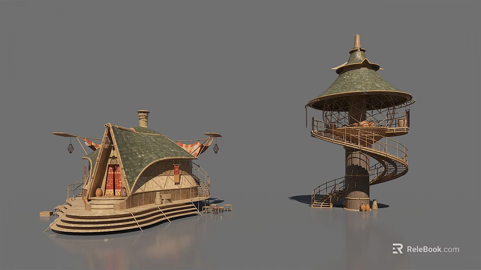 Unique Wooden House And Tower Models With Green Roofs Spiral Staircase And Balcony 3d model 