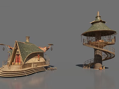 Unique Wooden House And Tower Models With Green Roofs Spiral Staircase And Balcony 3d model