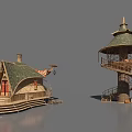 Unique Wooden House And Tower Models With Green Roofs Spiral Staircase And Balcony