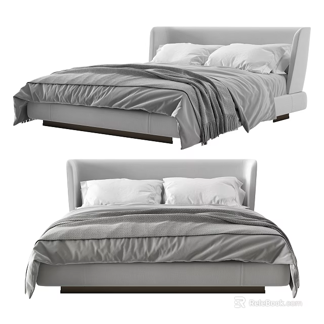 Modern Double Bed With Light Colored Frame White Pillows And Gray Blanket 3d model 