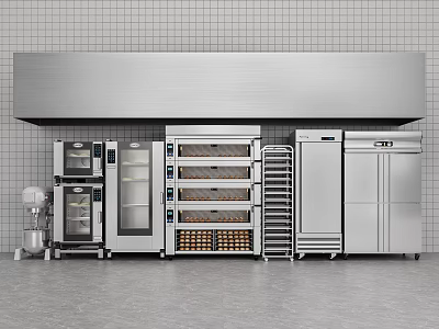 Stainless Steel Kitchen Appliances With Gray Tiled Wall Ovens Refrigerators Wine Coolers And Racks 3d model