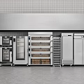 Stainless Steel Kitchen Appliances With Gray Tiled Wall Ovens Refrigerators Wine Coolers And Racks