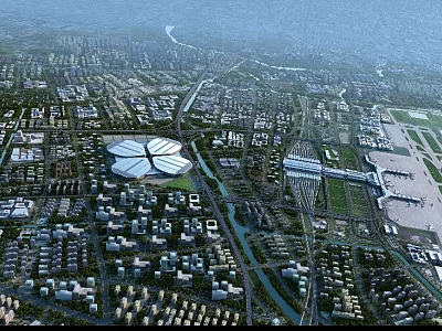 Aerial View Of Large Modern Planned Urban Zone With Exhibition Center Railway Station And Airport 3d model