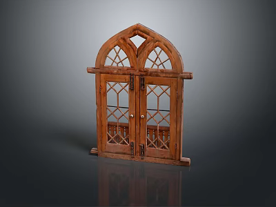 Traditional Wooden Door With Arched Top Carved Details And Glass Panes 3d model