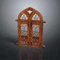Traditional Wooden Door With Arched Top Carved Details And Glass Panes