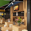 Modern Retail Store Interior With Wooden Shelves Product Displays Green Ceiling And TV Screen