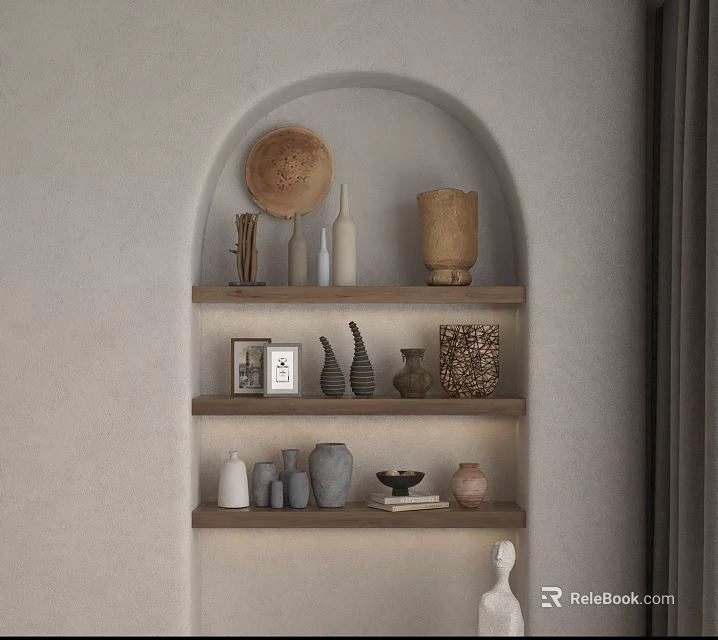 Decorative Ornaments Displayed On Arched Niche Shelves With Ceramic Vases Wooden Plate And Photo Frame 3d model 