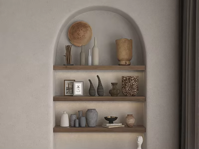 Decorative Ornaments Displayed On Arched Niche Shelves With Ceramic Vases Wooden Plate And Photo Frame 3d model