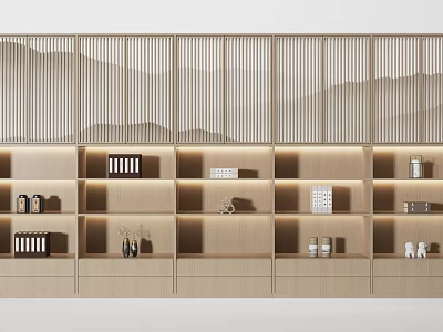 Modern Wooden Decorative Cabinet With Illuminated Shelves And Decorative Items 3d model