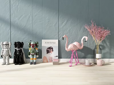 Robot Bear And Flamingo Dolls Display With Life Book Vase Pink Flowers And Candles 3d model