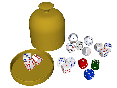 Yellow Dice Cup and Tray with Various Colored Dice for Exciting Board Game Entertainment 3d model