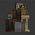 Wooden Speakers In Various Colors With Hammer And Shelf