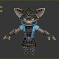 3D Feline Game Character With Large Ears Blue Eyes And Mechanical Warrior Armor
