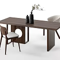 Modern Wooden Dining Table And Chair Set With Light Gray Cushions Decorative Vases And Branches