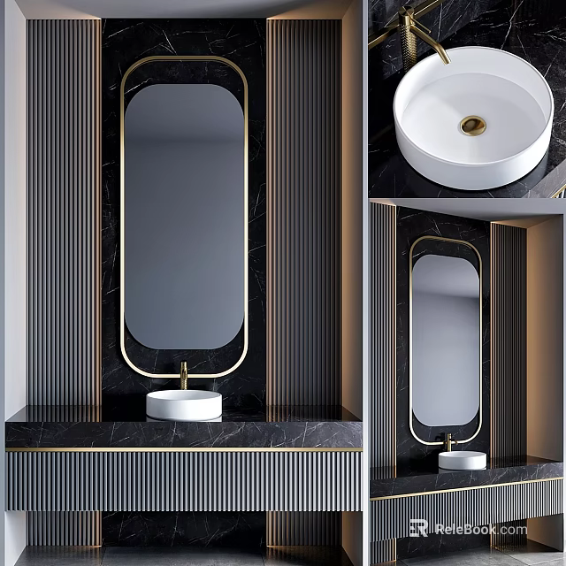 Luxury Bathroom Vanity With Oval Mirror Black Marble Countertop And Gold Trim 3d model 