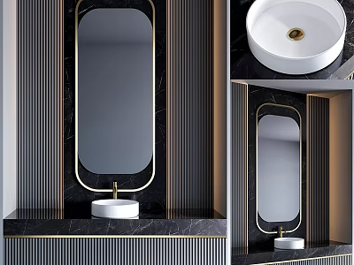 Luxury Bathroom Vanity With Oval Mirror Black Marble Countertop And Gold Trim 3d model