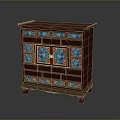 Traditional Red Wooden Cabinet With Colorful Glass Panels Drawers And Decorative Design