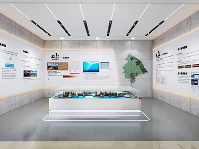 Modern Exhibition Hall With Glass Display Case Exhibits Information Charts Screen And Map 3d model