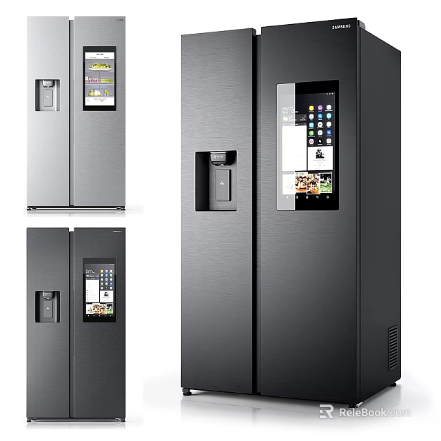 Modern Stainless Steel Refrigerator With Digital Screens And Water Dispenser Features 3d model 