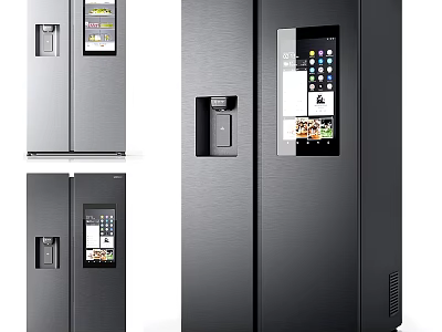 Modern Stainless Steel Refrigerator With Digital Screens And Water Dispenser Features 3d model