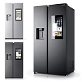 Modern Stainless Steel Refrigerator With Digital Screens And Water Dispenser Features