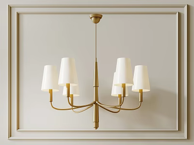 Modern Golden Metal Frame Chandelier With Five White Lampshades On Decorative Wall 3d model