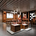 Chinese Style Boutique Store Interior With Wooden Ceiling And Artwork Display Shelves