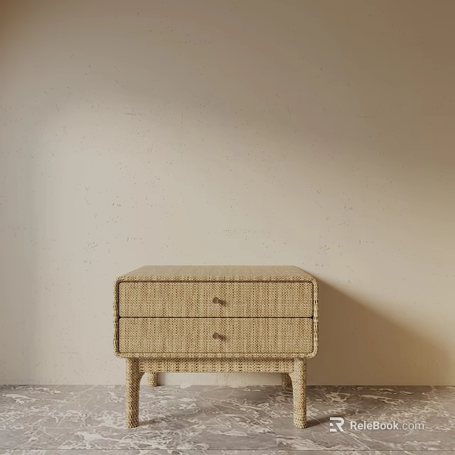 Rattan Bedside Table With Two Drawers And Simple Design Against Neutral Wall 3d model