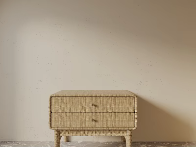 Rattan Bedside Table With Two Drawers And Simple Design Against Neutral Wall 3d model