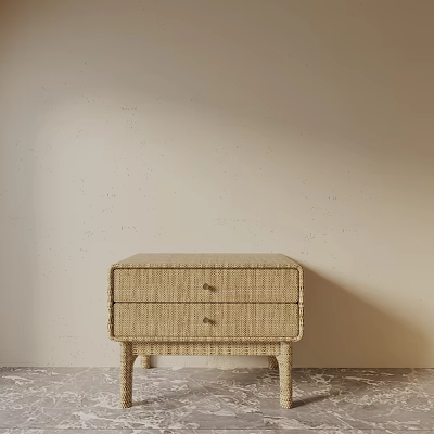 Rattan Bedside Table With Two Drawers And Simple Design Against Neutral Wall 3d model