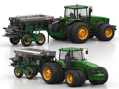 Green Agricultural Tractors With Yellow Wheels And Seeder Attachments For Farming 3d model