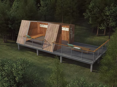 Wooden Garden Pavilion On Grassland With Deck Benches And Railing Surrounded By Trees 3d model