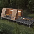 Wooden Garden Pavilion On Grassland With Deck Benches And Railing Surrounded By Trees